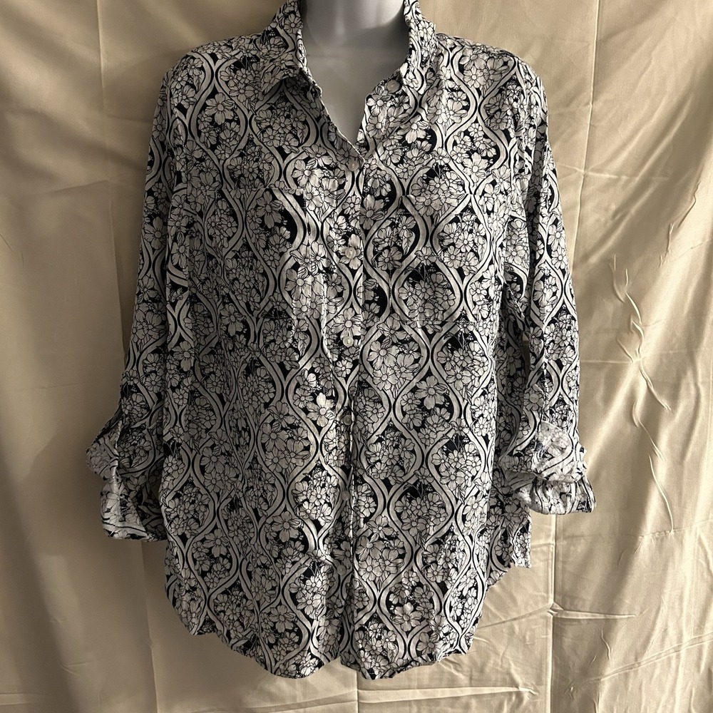 New Medium Charter Club Linen Black/White Floral Top #1920*8